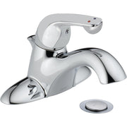Chrome single handle bathroom faucet with curved spout, white handle lever, and pop-up drain stopper shown separately below.