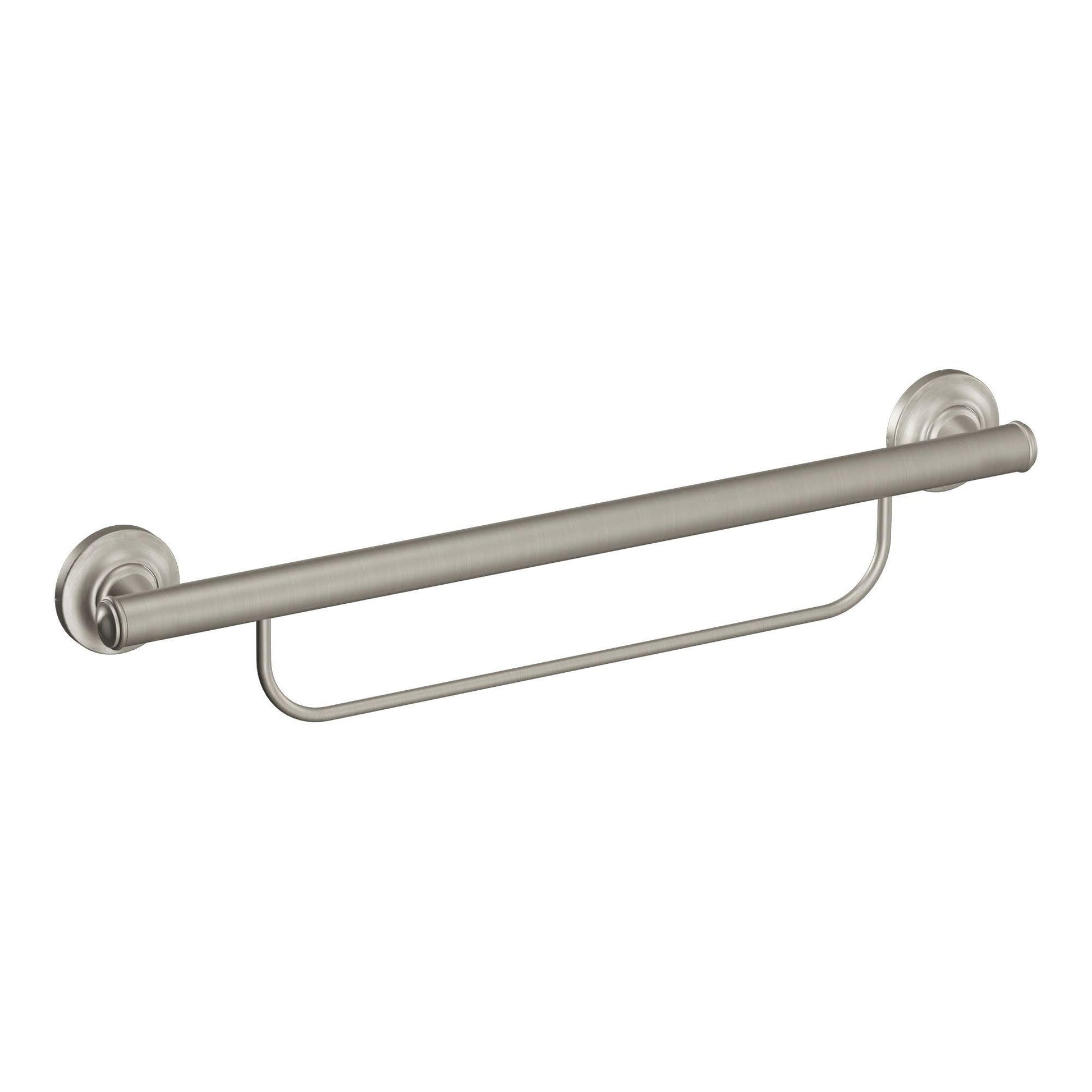 Brushed nickel grab bar with integrated towel rack, wall-mounted with circular flanges on each end.