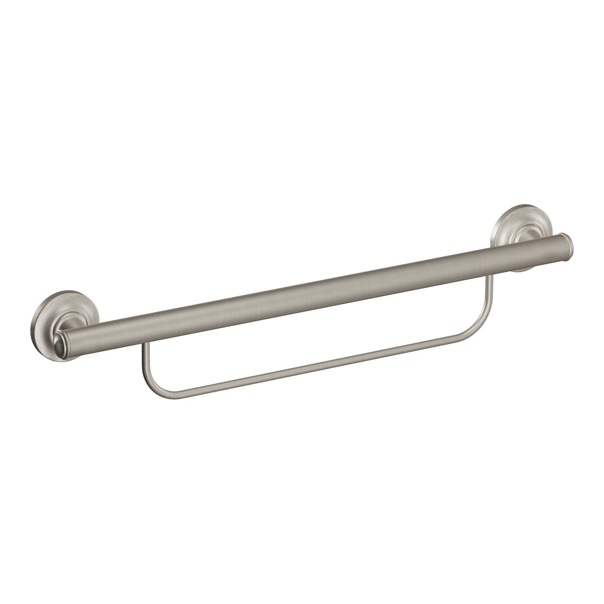 Brushed nickel grab bar with integrated towel rack, wall-mounted with circular flanges on each end.