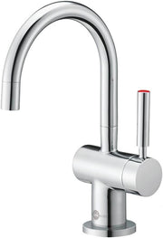 Chrome instant hot water dispenser faucet with curved spout, cylindrical handle, and red control button on dispenser unit.