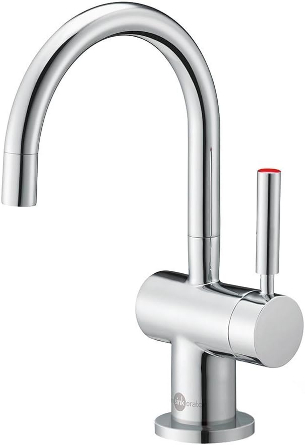 Chrome instant hot water dispenser faucet with curved spout, cylindrical handle, and red control button on dispenser unit.