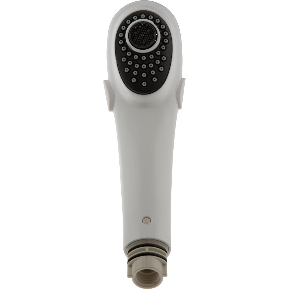White handheld showerhead with black spray face and multiple spray holes, including threaded connection port at base.