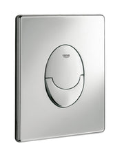 Polished chrome wall plate with oval button opening and Grohe logo, rectangular shape with rounded edges.