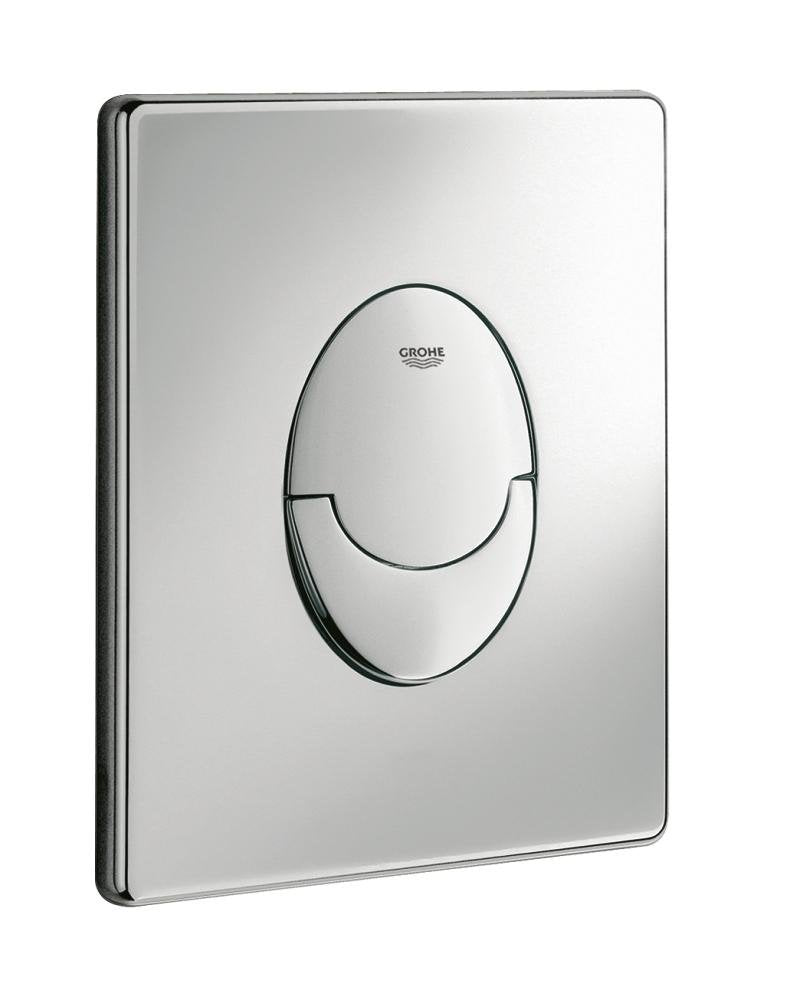 Polished chrome wall plate with oval button opening and Grohe logo, rectangular shape with rounded edges.