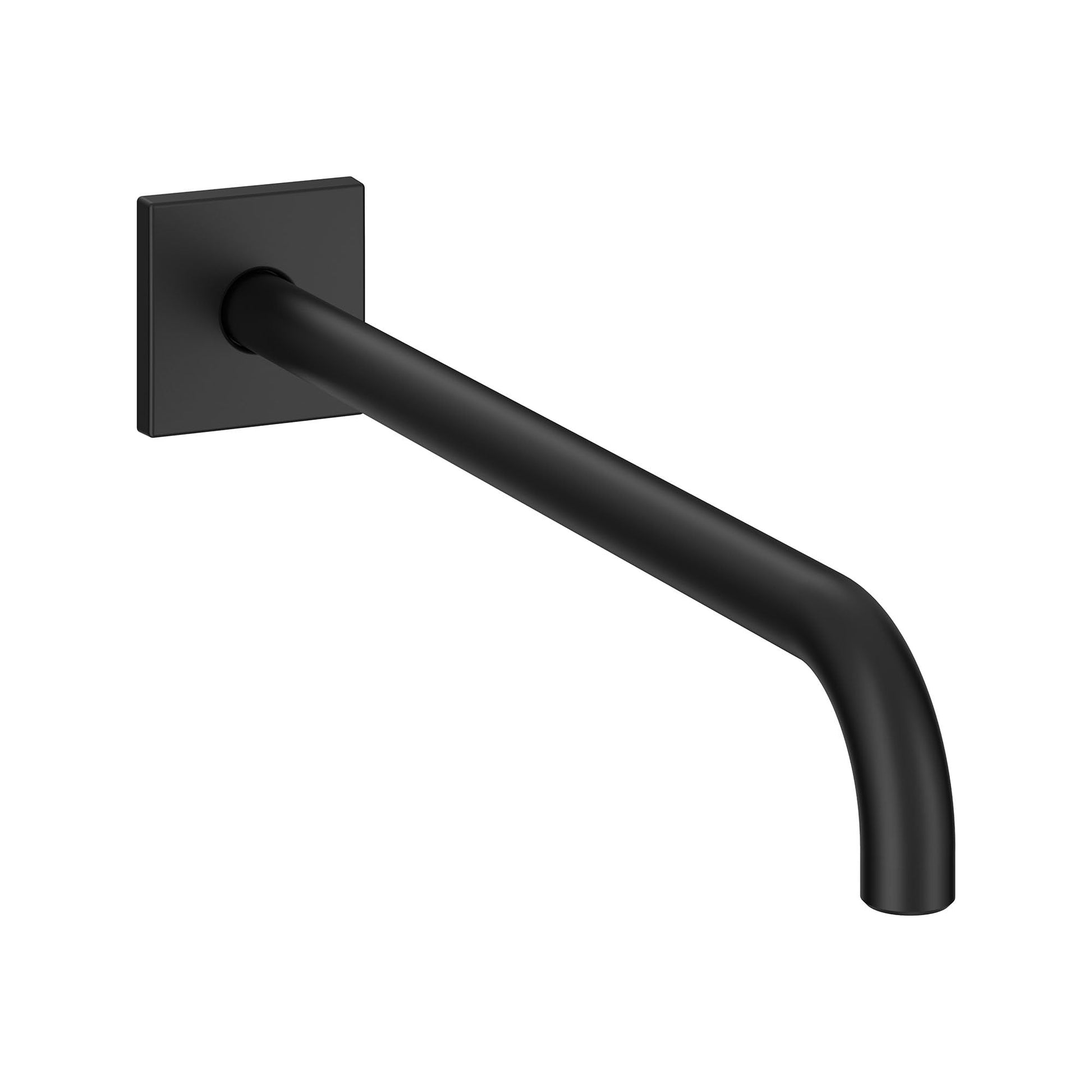 Matte black curved shower arm with square wall mounting plate.