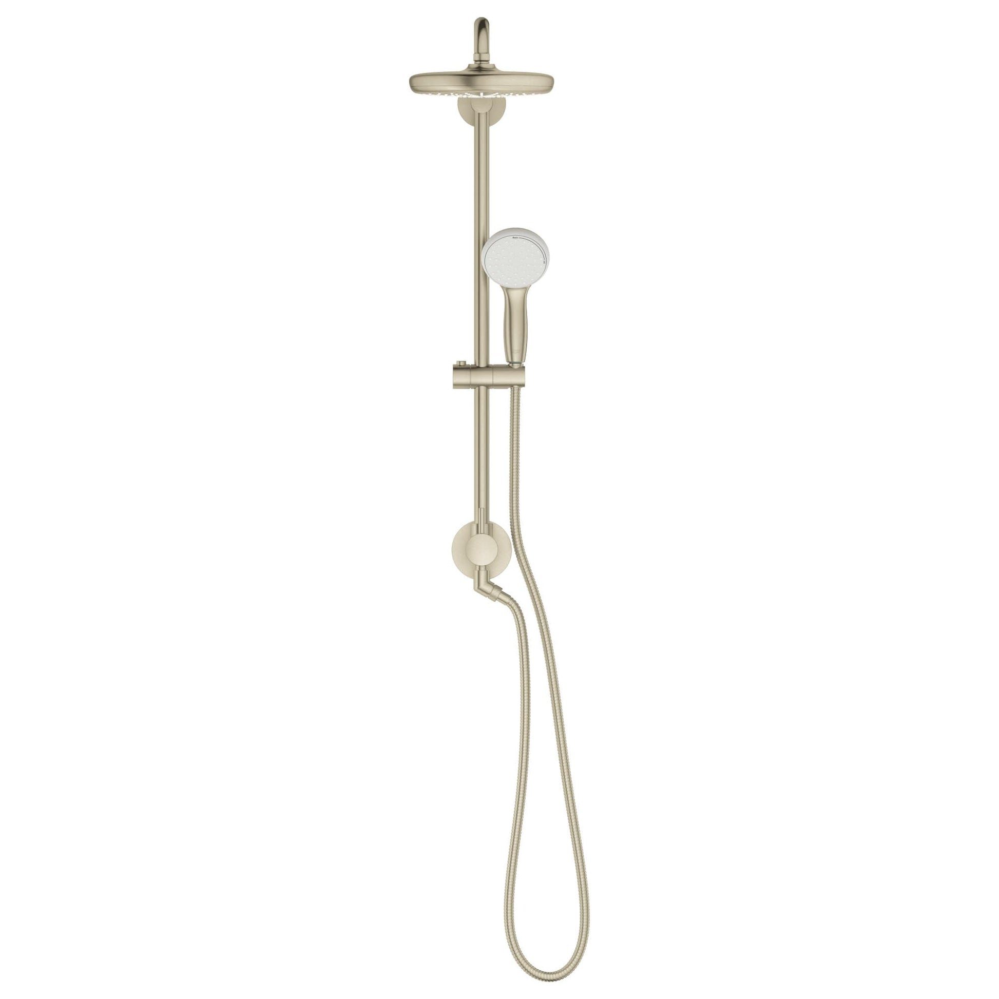Chrome shower system with overhead rain showerhead, handheld wand, and adjustable slide bar with control valve.