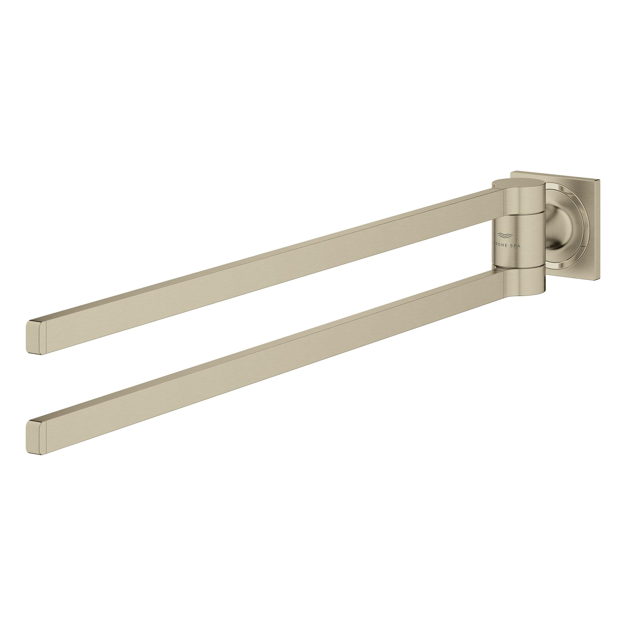 Brushed nickel double towel bar with two parallel arms and square wall mount.