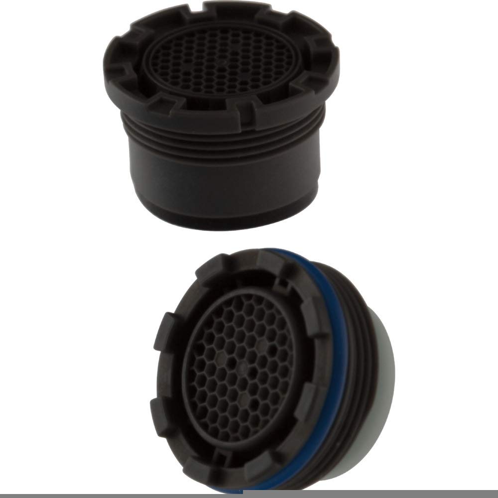 Black plastic aerator with threaded base and perforated mesh screen, shown from two angles.
