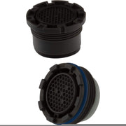Black plastic aerator with threaded base and perforated mesh screen, shown from two angles.