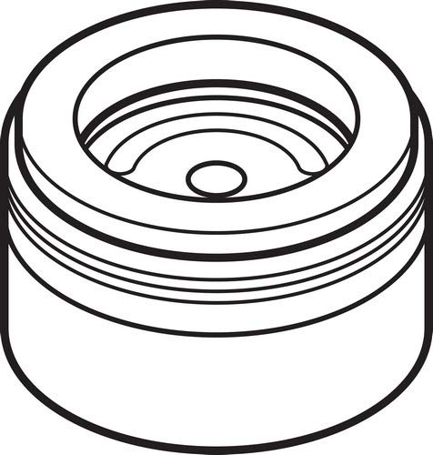 White cylindrical faucet aerator with threaded base and internal mesh screen visible from above.