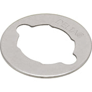 Chrome-plated metal washer with irregular cutout center and Delta branding embossed on rim.