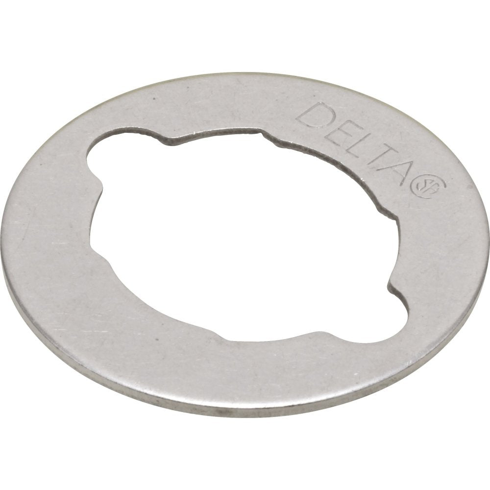 Chrome-plated metal washer with irregular cutout center and Delta branding embossed on rim.