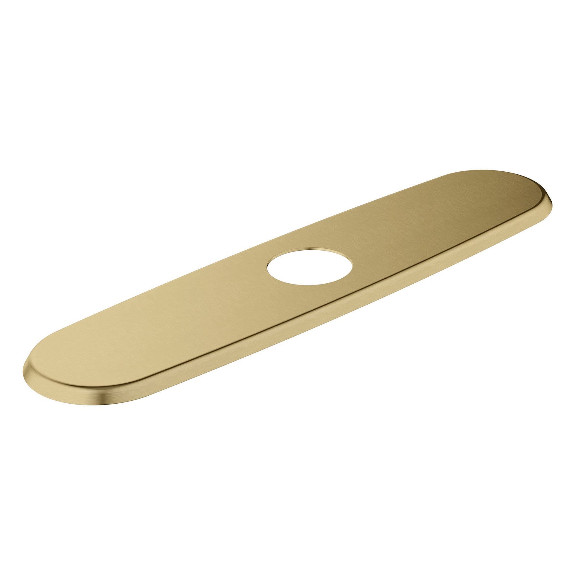Brushed gold-tone elongated escutcheon plate with single centered hole opening.