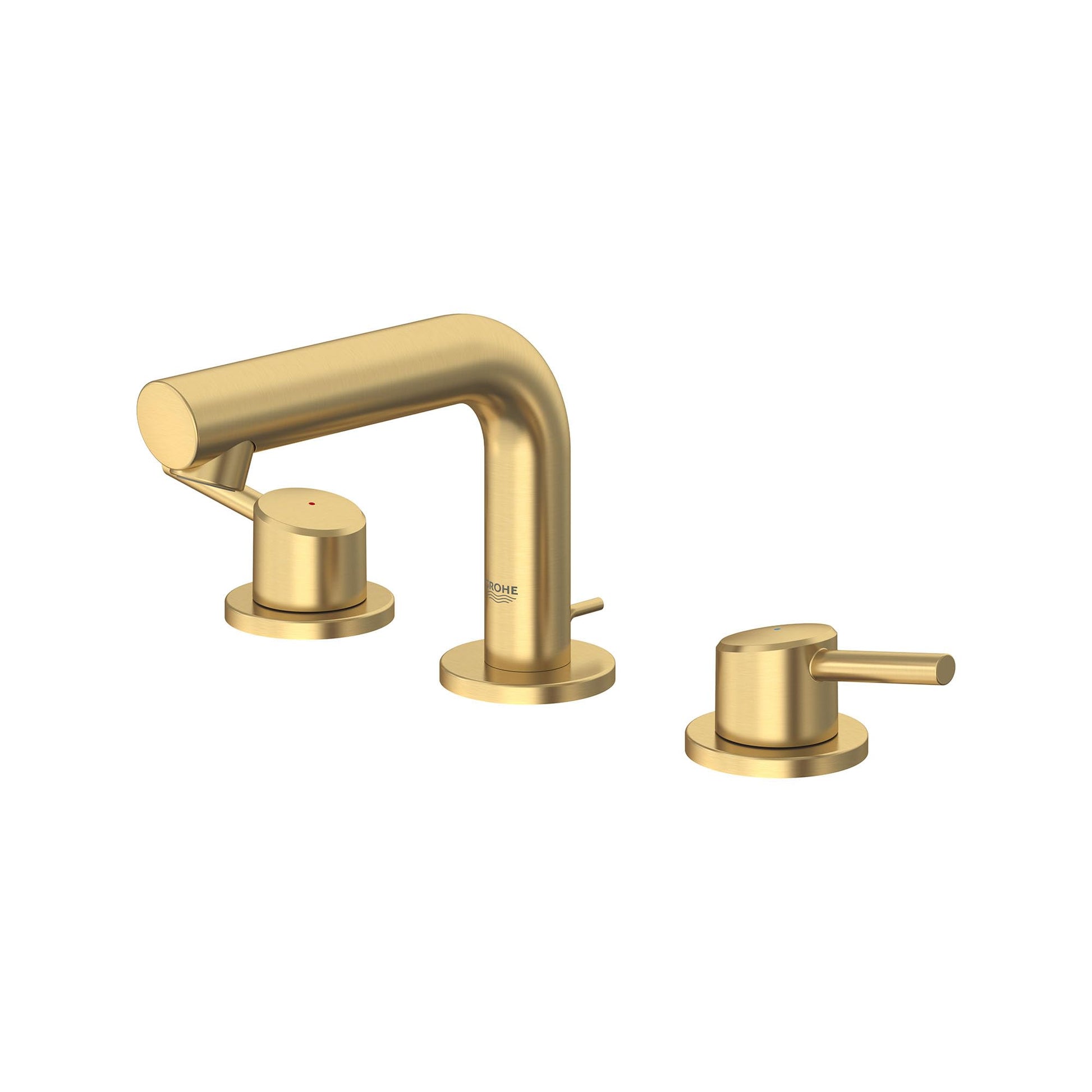 Grohe Concetto widespread bathroom faucet with arched spout and two cylindrical handles in brushed gold finish.
