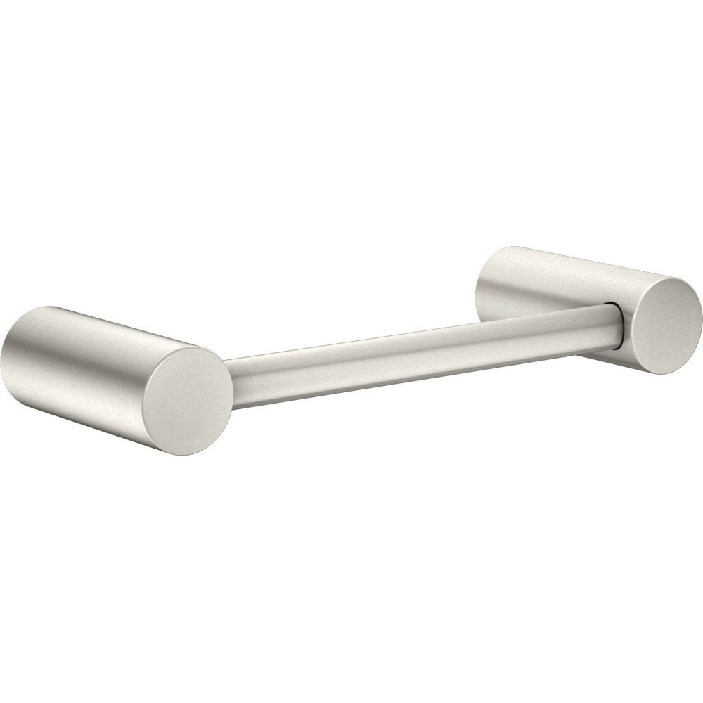 Brushed nickel hand towel bar with cylindrical end caps and horizontal rod.