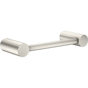Brushed nickel hand towel bar with cylindrical end caps and horizontal rod.
