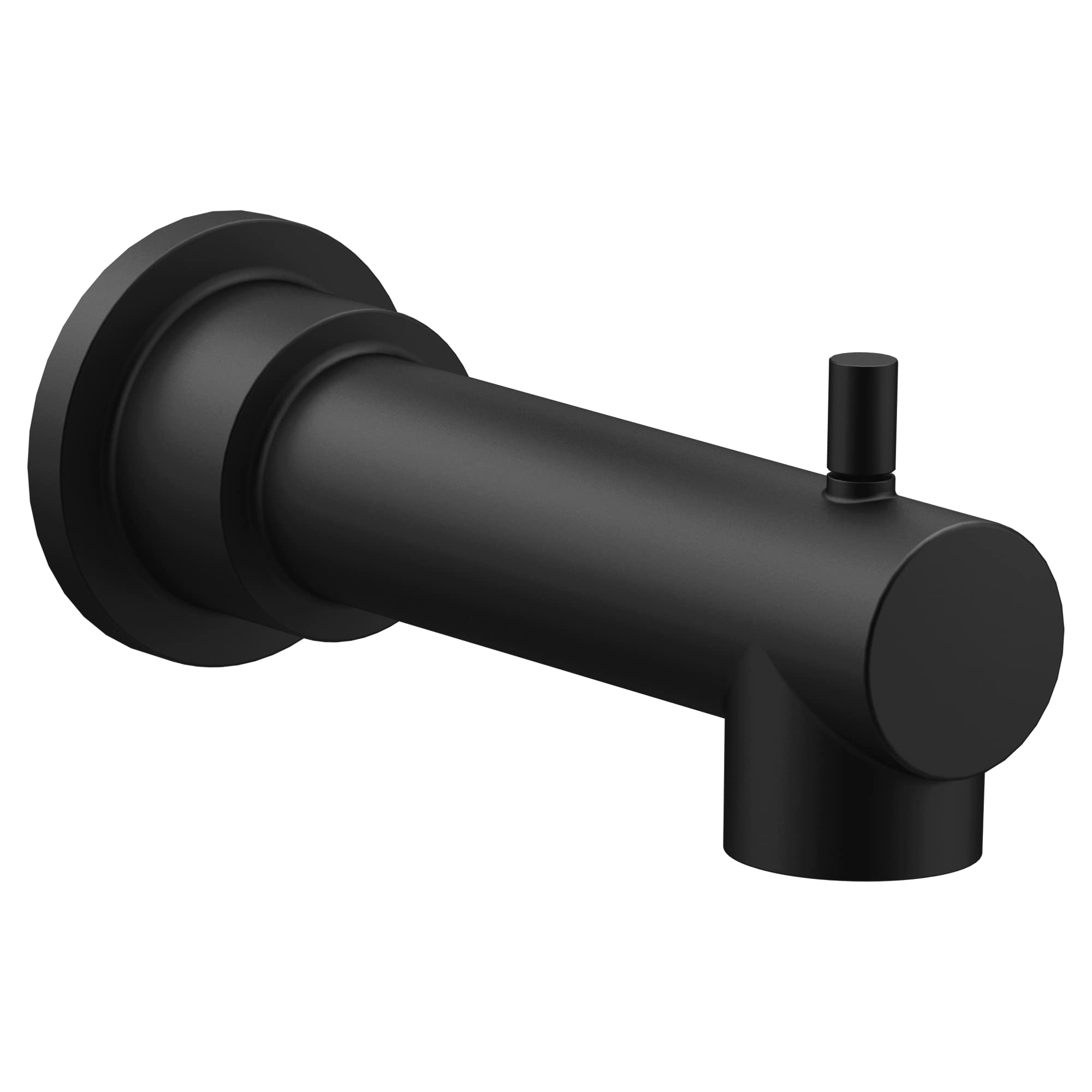 Matte black tub spout with diverter lever and circular wall flange on white background.