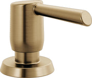 Champagne bronze metal soap dispenser with cylindrical pump lever and round base.
