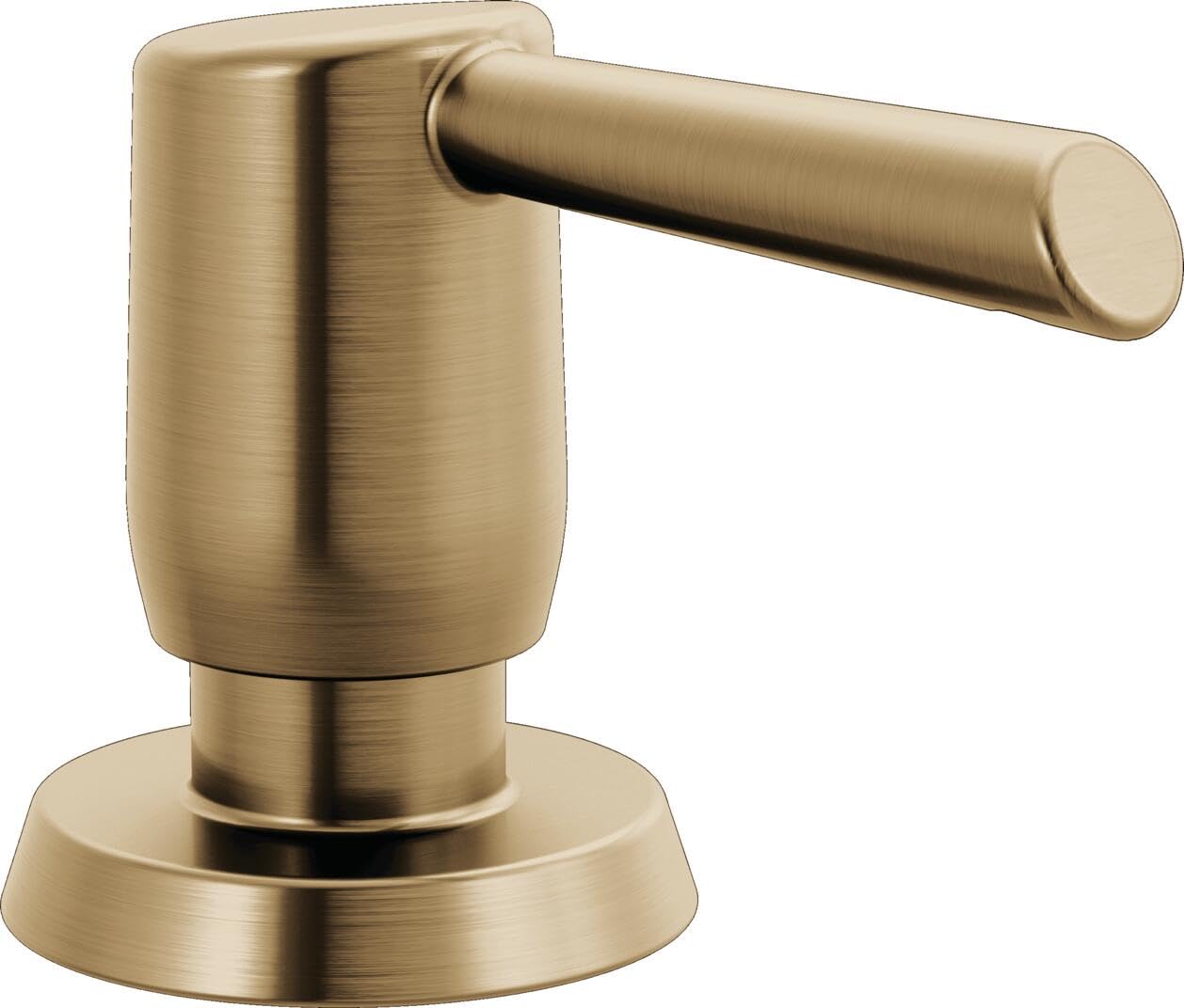 Champagne bronze metal soap dispenser with cylindrical pump lever and round base.