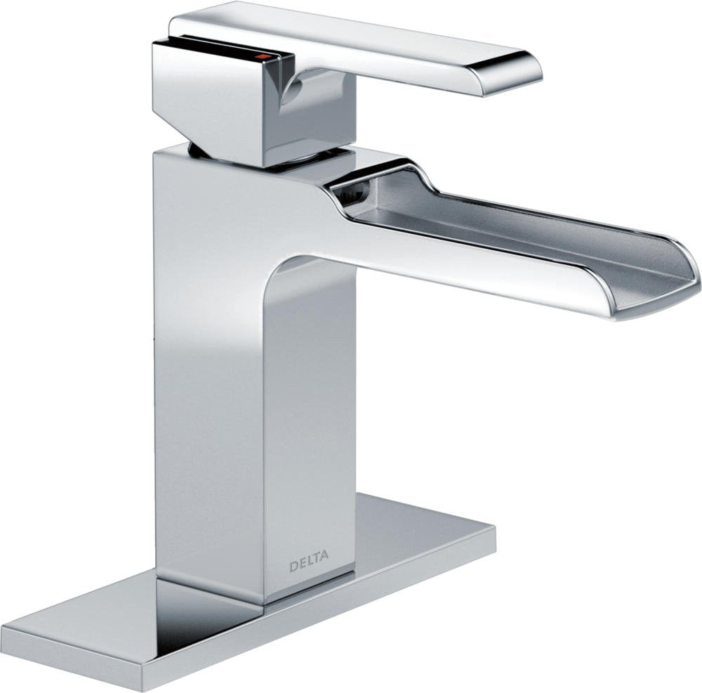 Chrome single-handle bathroom faucet with squared spout and rectangular base deck plate.