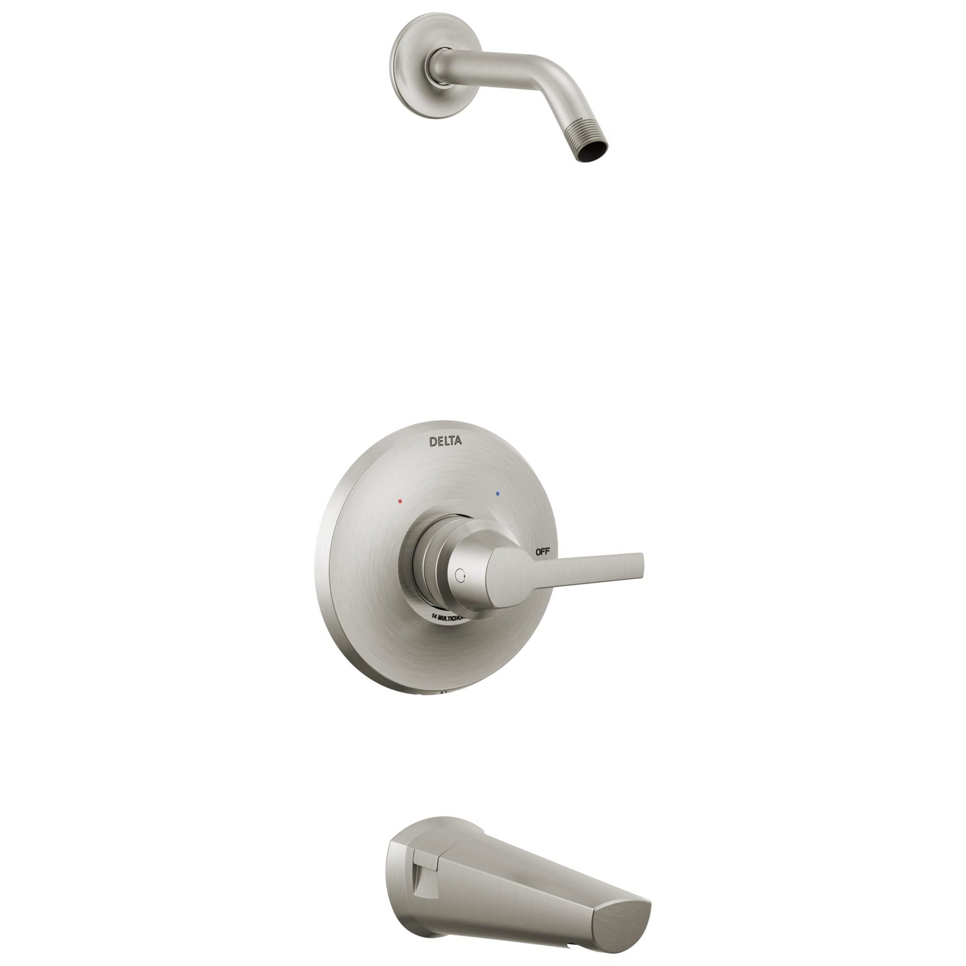Brushed nickel Delta tub and shower trim with lever handle, curved wall arm, and tub spout.