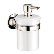 Polished nickel wall-mounted soap dispenser with white ceramic pump bottle and chrome metal bands.