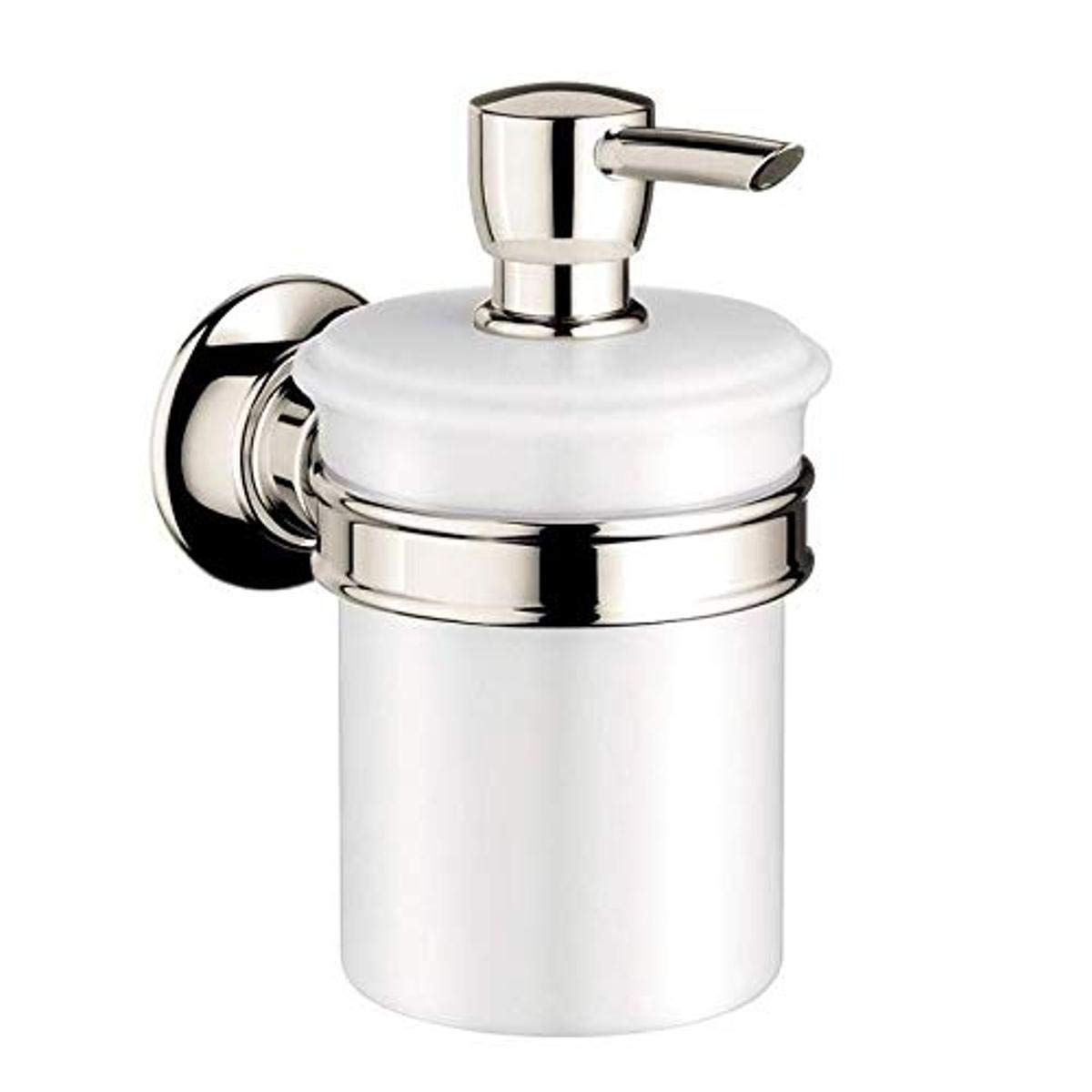 Polished nickel wall-mounted soap dispenser with white ceramic pump bottle and chrome metal bands.