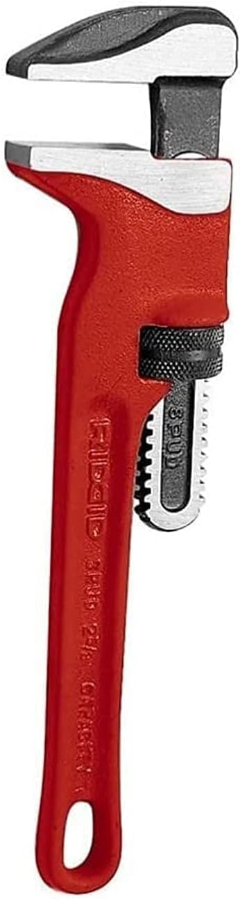 RIDGID 12 inch spud wrench with red handle, adjustable jaw, and black grip.