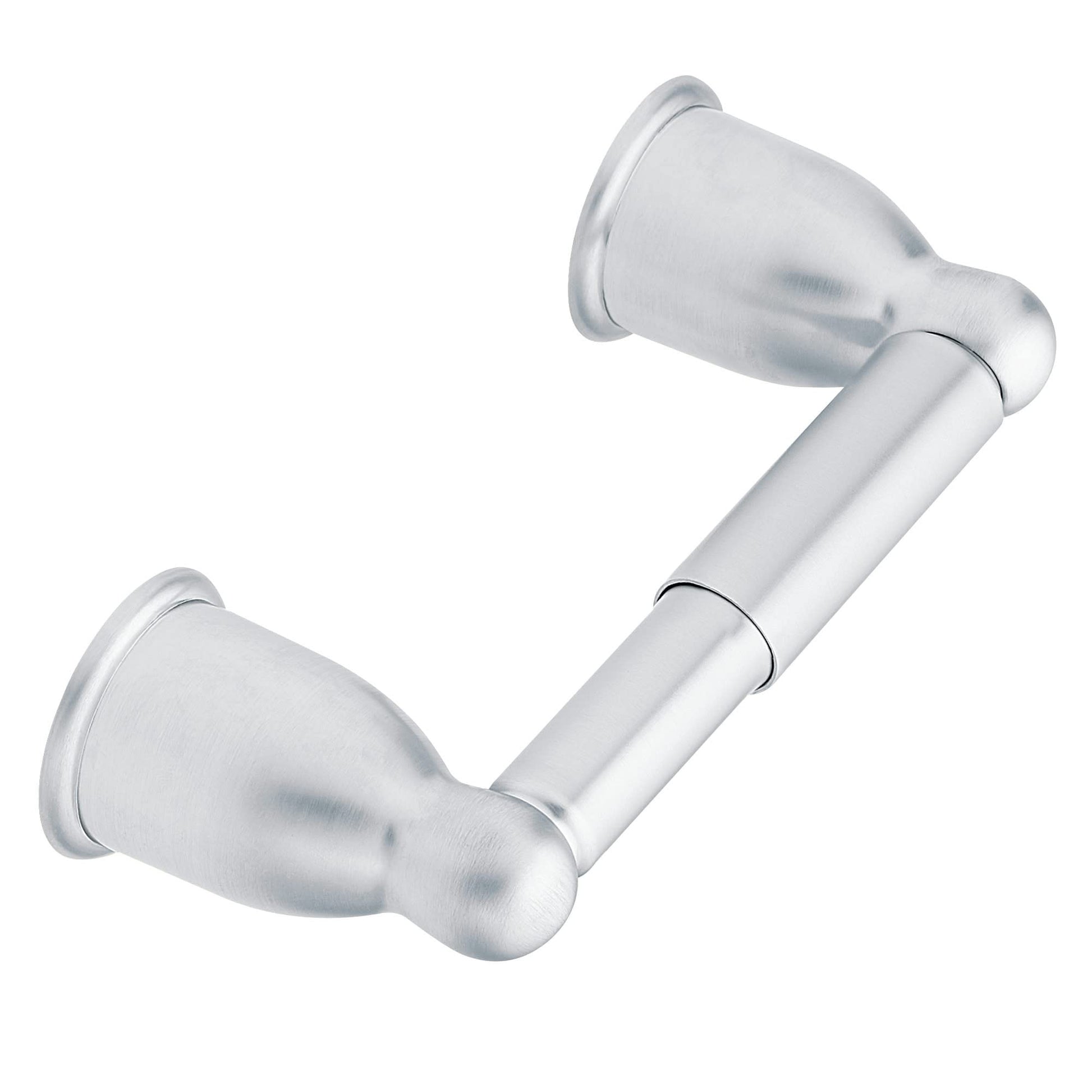 Chrome toilet paper holder with curved arms and mounting flanges on both ends.