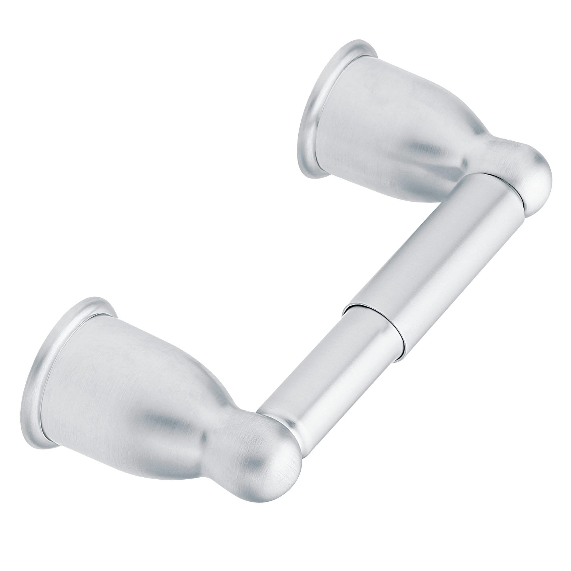 Chrome toilet paper holder with curved arms and mounting flanges on both ends.