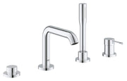 Chrome deck-mount Roman tub faucet with single handle, tall hand shower, and soap dispenser.