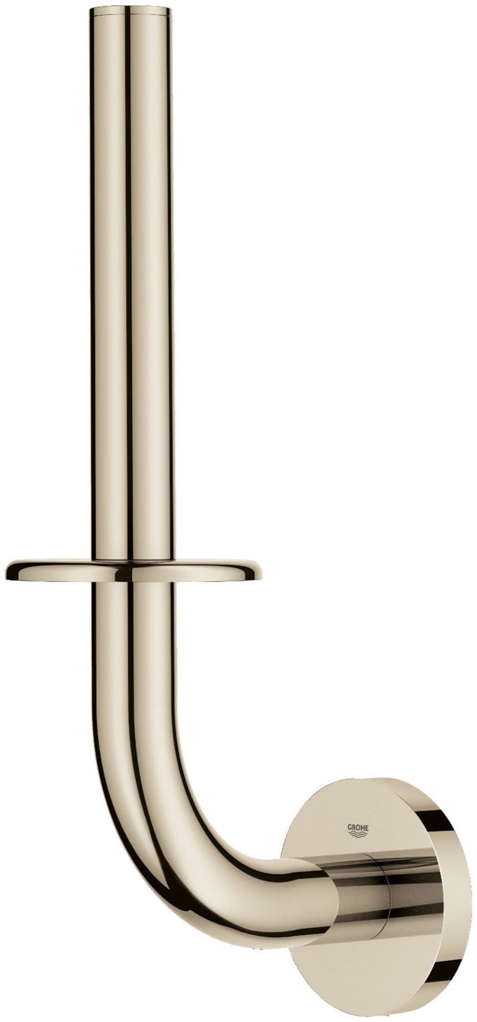 Brushed nickel cylindrical toilet paper holder with curved mounting bracket and round wall plate.