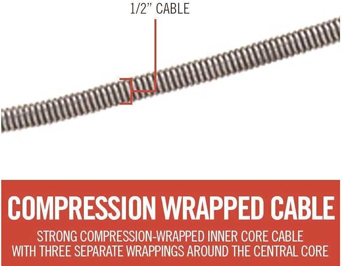 Half-inch diameter compression-wrapped steel cable with tri-wrap construction and drop head attachment.