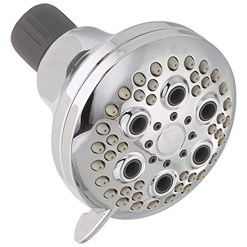 Chrome shower head with multiple spray jets and adjustment dial, featuring five massage spray patterns.