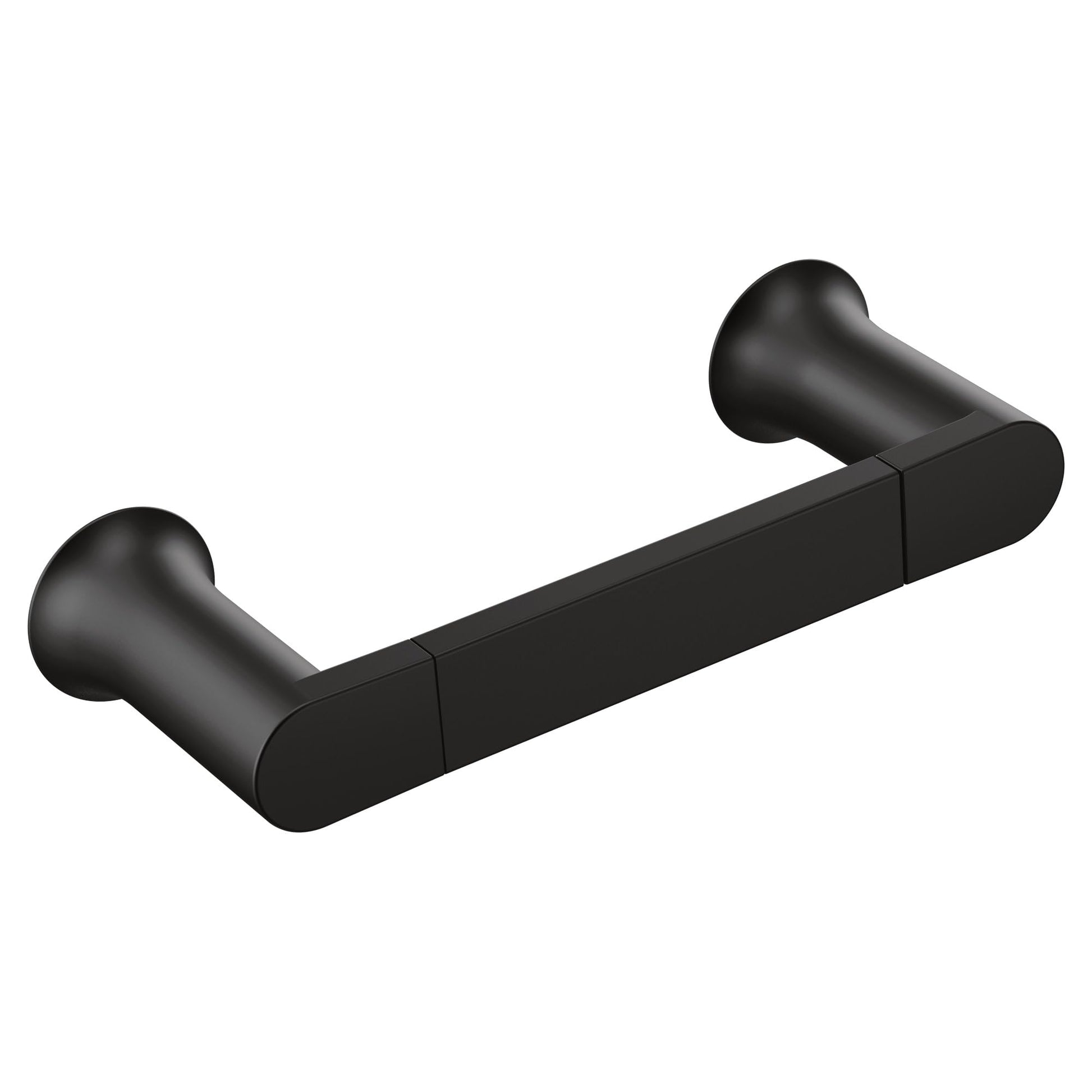 Black hand towel bar with cylindrical knobs on each end and a rectangular bar in the center.