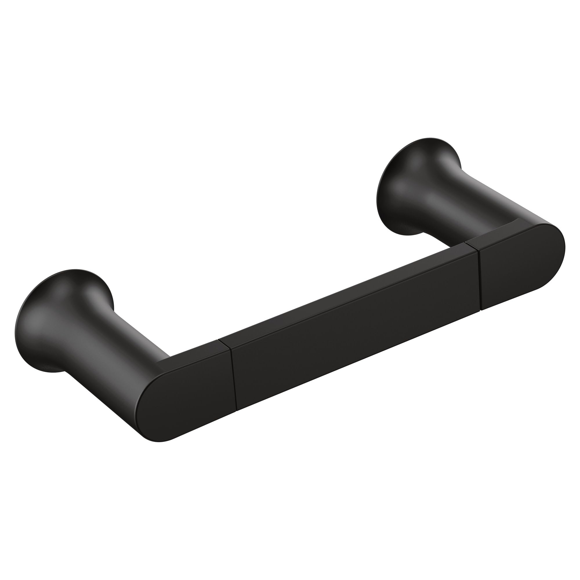 Black hand towel bar with cylindrical knobs on each end and a rectangular bar in the center.