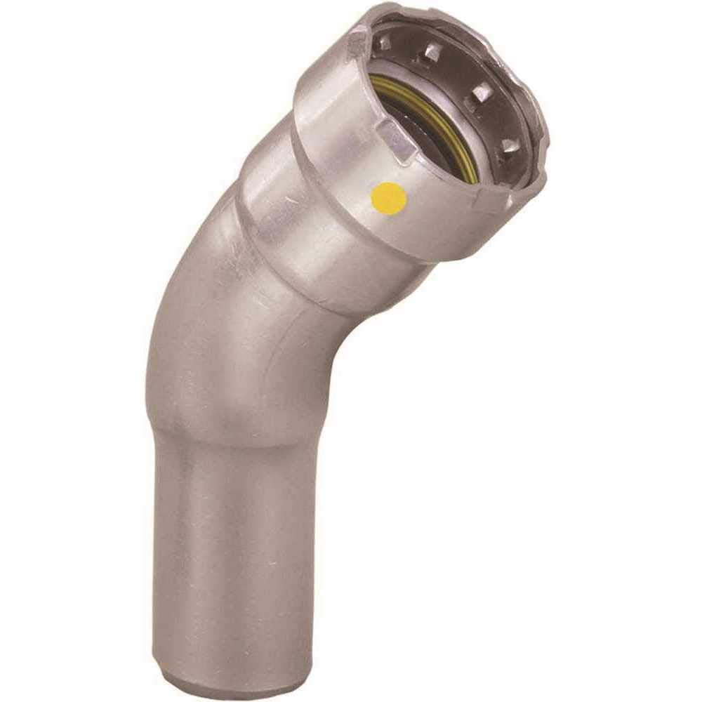 Silver zinc-nickel coated steel 45-degree street elbow with press fitting end and yellow identification dot.
