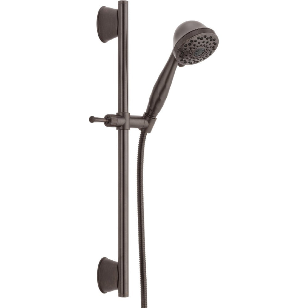 Chrome hand shower with perforated head mounted on vertical slide bar with adjustable bracket and hose.