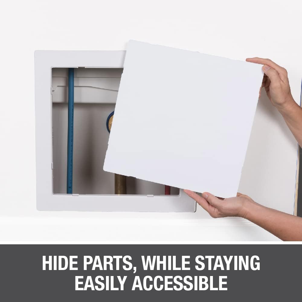 White square access panel with removable cover revealing plumbing pipes and utilities inside wall cavity.