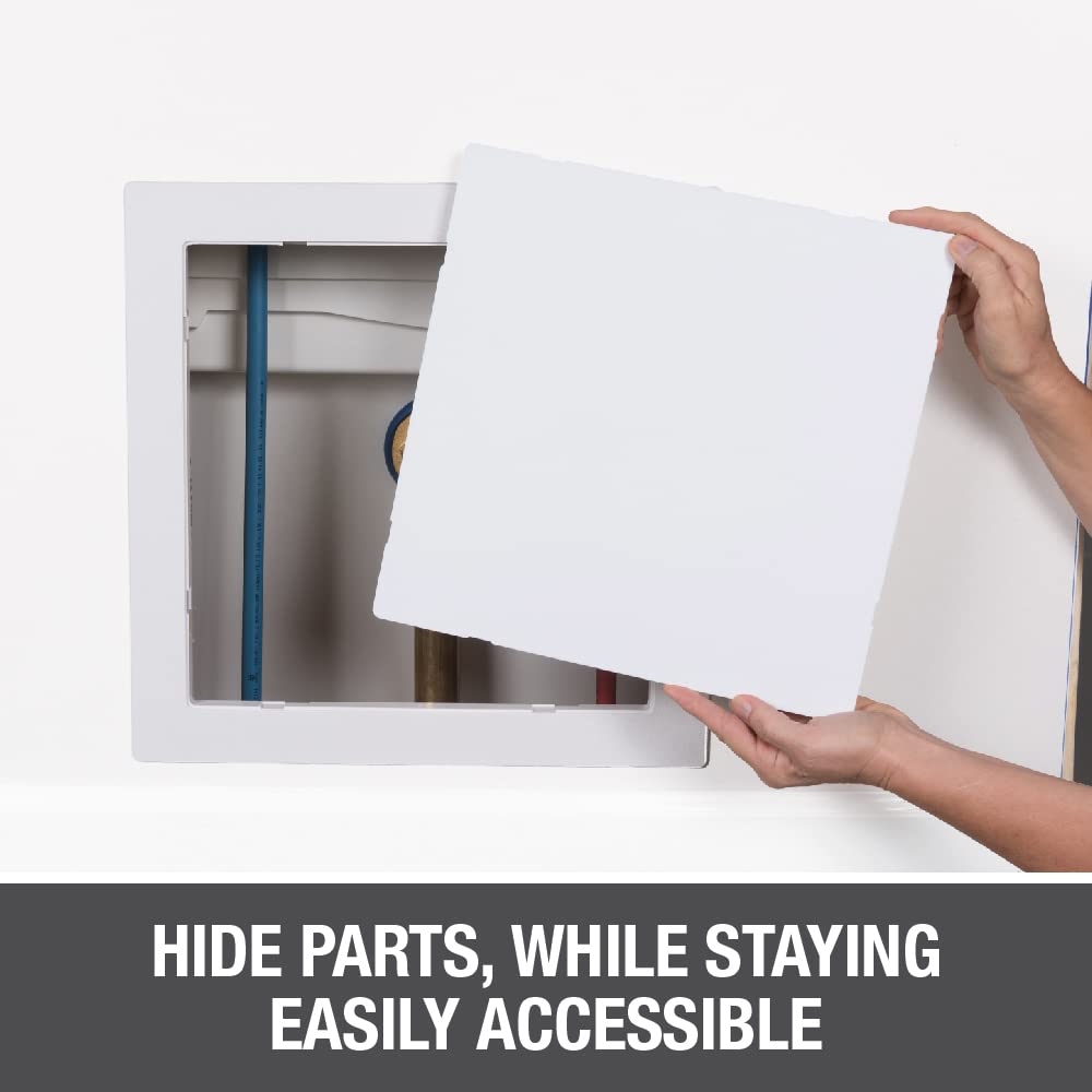 White wall access panel with hinged door revealing internal plumbing pipes and fixtures.