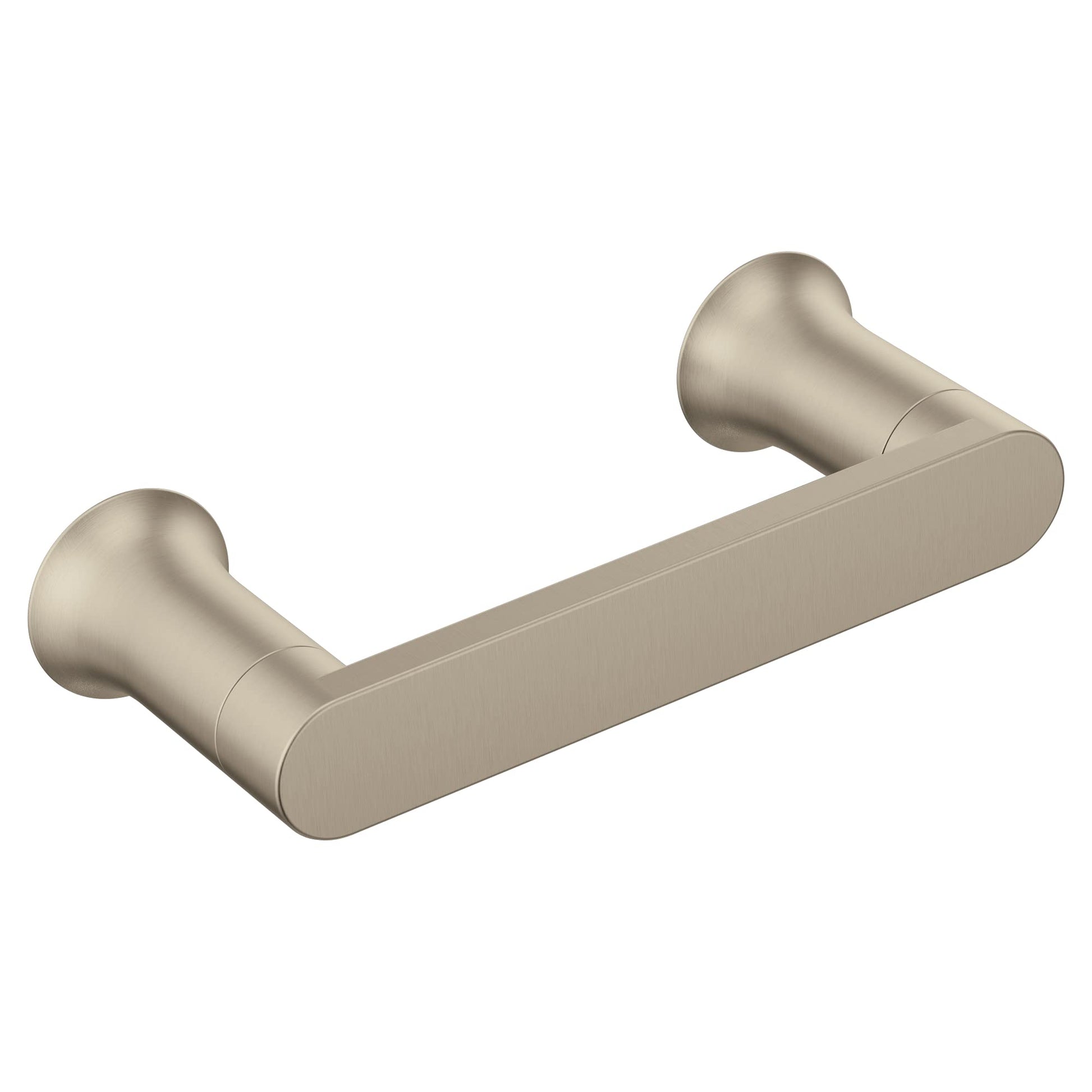 Brushed nickel pivoting toilet paper holder with two cylindrical mounting posts and a curved horizontal bar.