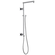 Chrome angular shower column with overhead rainfall showerhead, wall-mounted controls, and handheld shower wand.