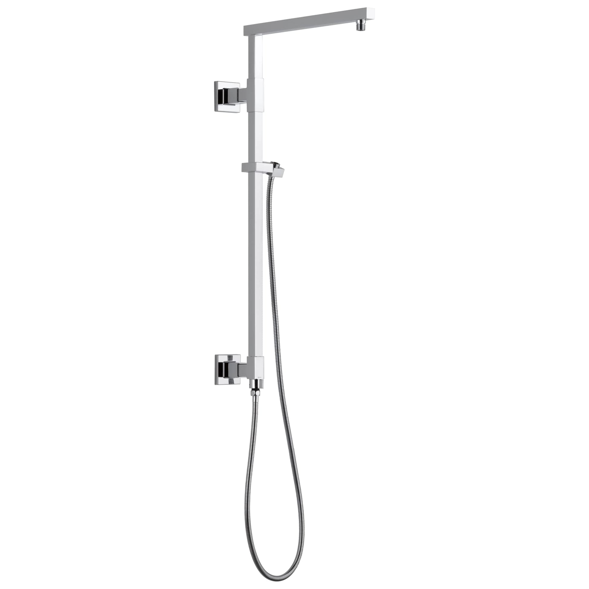 Chrome angular shower column with overhead rainfall showerhead, wall-mounted controls, and handheld shower wand.