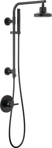 Black shower column with round overhead showerhead, handheld sprayer, control valve, and wall-mounted fixtures.
