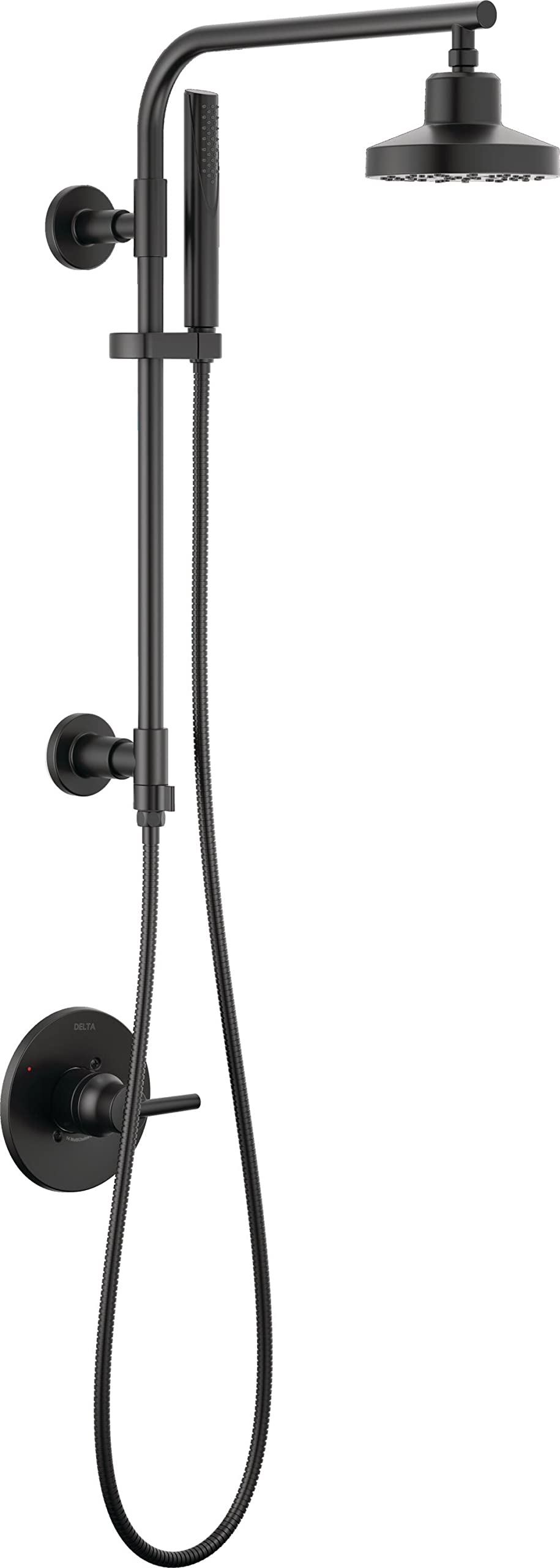 Black shower column with round overhead showerhead, handheld sprayer, control valve, and wall-mounted fixtures.