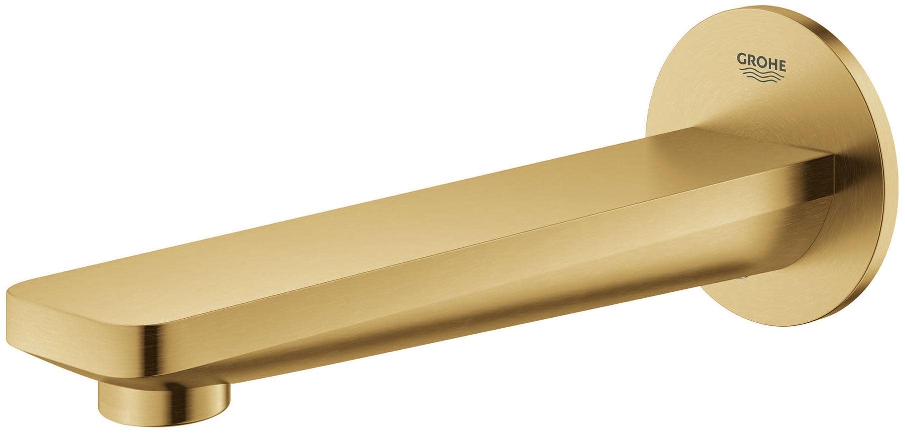 Grohe Lineare brushed nickel tub spout with wall-mounted round flange and angled outlet.