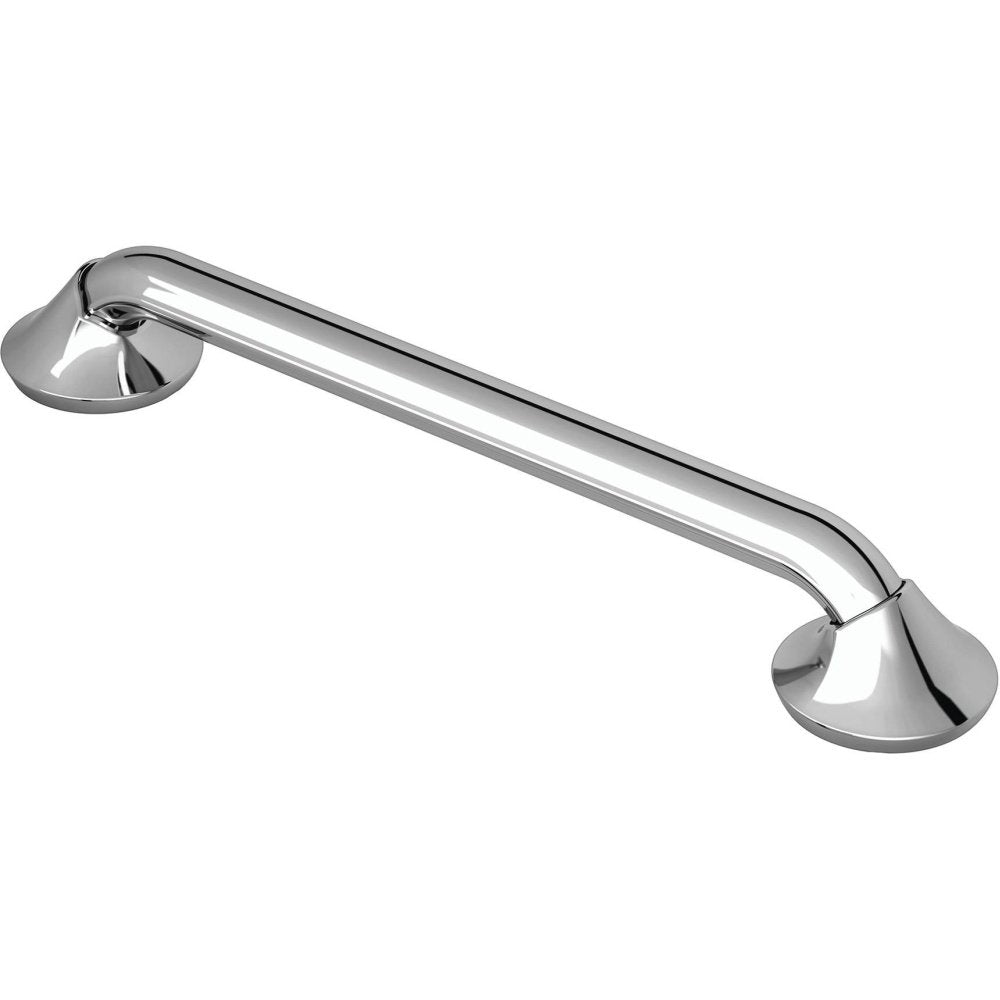 Chrome stainless steel grab bar with curved handle and circular mounting flanges at each end.