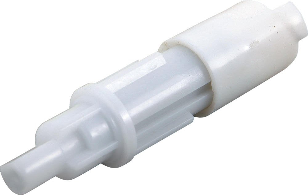 White plastic stem extender with threaded connections on both ends and cylindrical extension tube.