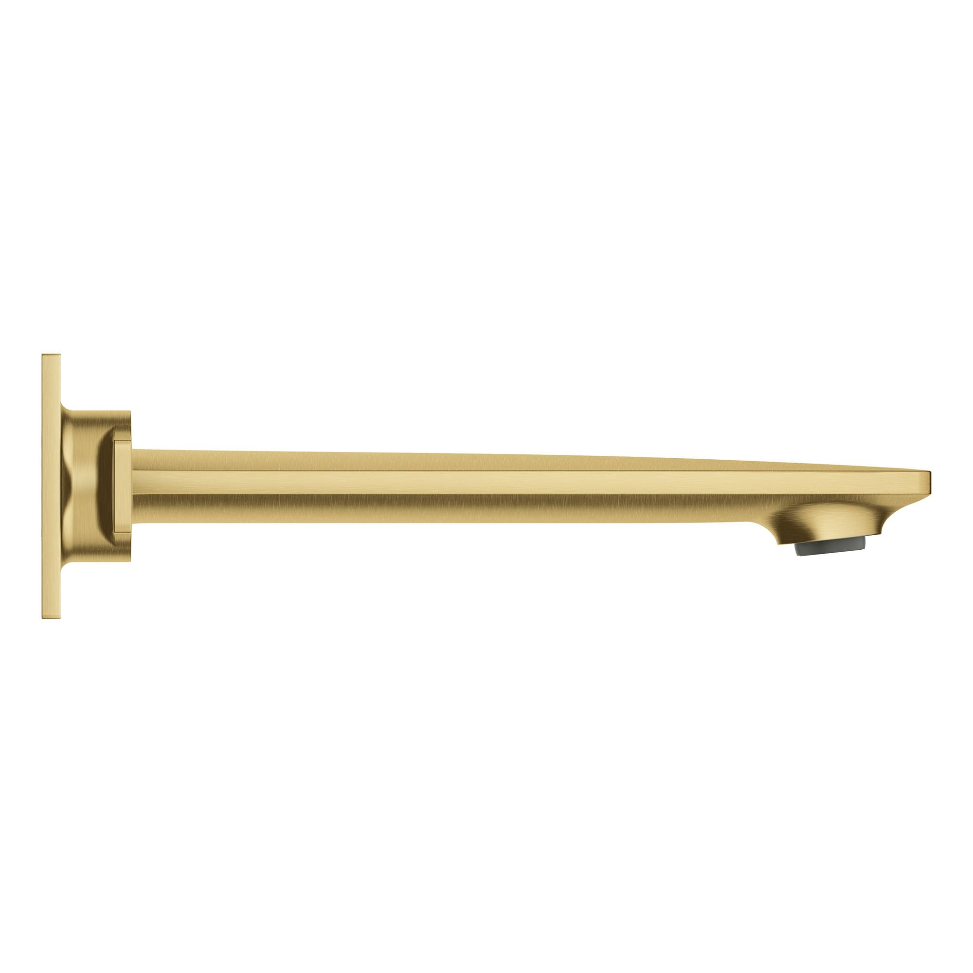 Brushed gold wall-mounted faucet spout with square mounting plate and single lever handle.