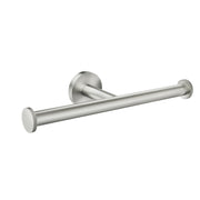 Brushed nickel double toilet paper holder with two cylindrical bars mounted on a circular wall plate.